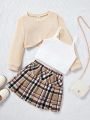 SHEIN Young Girl Solid Cami Top & Plaid Pleated Skirt & Pullover