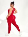 Plus Size Solid Color Racerback Vest And High Waist Leggings Running Exercise Workout Set