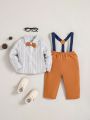 SHEIN Baby Boy Striped Bow Front Shirt & Suspender Pants