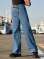 SHEIN Tween Girls Casual High Waist Loose Fit Elastic Waistband Wide-Leg Jeans