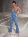 SHEIN BAE Women'S Strapless Waist Belt Denim Jumpsuit