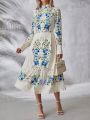 SHEIN VCAY Floral Print Lace Trimmed Long Sleeve Shirt Dress