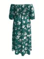 Women's Plus Size Floral Printed Off Shoulder Slit Dress