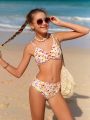 Teen Girl's Floral Print Bikini Set With Circular Rings Connection
