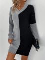 V-neck Two-tone Sweater Dress