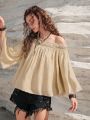 SHEIN BohoFeels Women'S Solid Color Lace Splice Off Shoulder Flare Sleeve Shirt