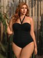 SHEIN Leisure Plus Size Solid Color Halterneck One-Piece Swimsuit