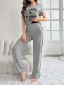 Letter Pattern Knitted Short Sleeve Top And Long Pants Women's Homewear Set