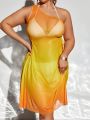 SHEIN Swim SXY Plus Size Gradient Asymmetrical Neckline Cover Up With Waist Drawstring And Hollow Out Design