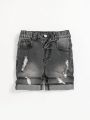 SHEIN Boys' Casual Casual Denim Shorts With Slight Elasticity And Irregular Holes