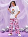 THE POWERPUFF GIRLS X SHEIN Cartoon Graphic Drop Shoulder Tee & Pants PJ Set