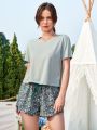 Solid Tee & Ditsy Floral Print Knot Front Shorts Pajama Set