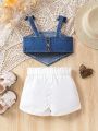 2pcs/Set Baby Girls' Washed Denim Bowknot Cami Top And White Shorts