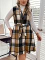 SHEIN LUNE Women'S Plus Size Plaid Belted Dress