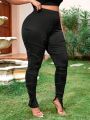 SHEIN SXY Plus Size High Waisted Long Foot Opening Split Stretchy Pleated Leggings Valentines Outfits Sexy Outfits Club