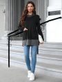 EMERY ROSE Women's Plaid Patchwork Layered Collar Pocketed T-shirt