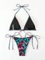 SHEIN Swim BAE Ladies' Heart Print Halter Neck Tie Bikini Swimming Suit Set