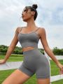 2pcs Seamless Yoga Set Sports Suit Backless Bra Wideband Waist Shorts