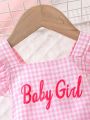 Baby Girl Pink Plaid Backless Multilayer Mesh Romper