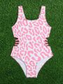 Little Girls' One-piece Halter Hollow Out Swimsuit With Random Print