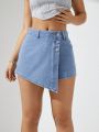 Women'S Solid Color Button-Wrap Denim Skirt Pants