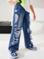 SHEIN Boys' Casual Loose Straight Leg Distressed Denim Jeans