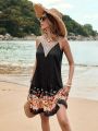 Floral Polka Dot Printed Sleeveless Dress For Women