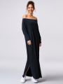 GLOWMODE Ribbed Silky Modal Off-Duty Boatneck Side Slit Dress