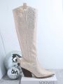 Metallic Rhinestone Decor Side Zipper Chunky Heeled Boots