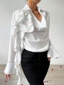 SHEIN Privé Women'S Party Ruffle Cowl Collar White Shirt With Unique Design