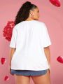 SHEIN CURVE+ Women's Plus Size Round Neck White Printed T-shirt