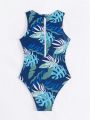 SHEIN Swim SPRTY Tropical Plant Printed One-piece Swimsuit