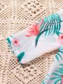 SHEIN Kids CHARMNG Little Girls' Tropical Printed Kimono Top And Wide-Leg Pants And Colorblock Cami Top 3pcs Outfit