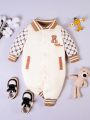 Baby Boy Bear & Letter Graphic Striped Trim Jumpsuit