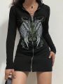 Women'S Wing Printed Zipper Front Hooded Dress