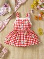 Baby Girl Plaid Floral Pattern Ruffle Strap Dress
