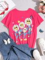 SHEIN Kids HYPEME Tween Girls' Butterfly Cartoon Printed Round Neck T-Shirt