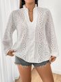 SHEIN MOD Plus Size Hollow Out Embroidery & Ear Edge Design V-neckline Shirt