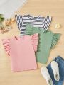 SHEIN Kids QTFun Tween Girls' Comfortable Knitted Tee With Round Neck And Flying Sleeve, 3pcs/Set
