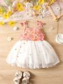 Baby Girl Floral Print Mesh Overlay Cami Dress