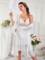 Ruffle Trim Flounce Sleeve Robe & Contrast Lace Cami Sleep Dress PJ Set