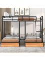 Triple Full Over Twin & Twin Size Metal Bunk Beds with Built-in Ladder Headboard and Footboard for Family Bedrooms, Divided into Three Separate beds with Drawers and Guardrails