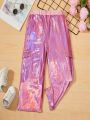 SHEIN Kids EVRYDAY Girls' Shiny Pink Cargo Pants For Casual Sports