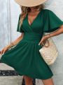 Butterfly Sleeve Ruched Waist Dress