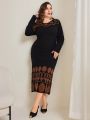 SHEIN Modely Plus Size Geometric Pattern Round Neck Sweater Dress Without Belt