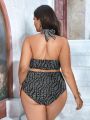 SHEIN Swim Chicsea Plus Size Women's Halter Neck Cut Out Printed Bikini Set