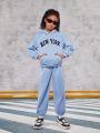 SHEIN Kids Cooltwn Tween Girls' Street Style Knitted Loose Hoodie And Sweatpants Set With Letter Print