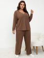 SHEIN Frenchy Plus Size Brown V-neck Loose Fit Long Sleeve Top And Casual Pants 2 Piece Set