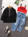 Little Girls' 3pcs Black Jacket + Distressed Jeans + Camisole Tank Top Set