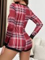 Plaid Print Contrast Binding Button Front Romper